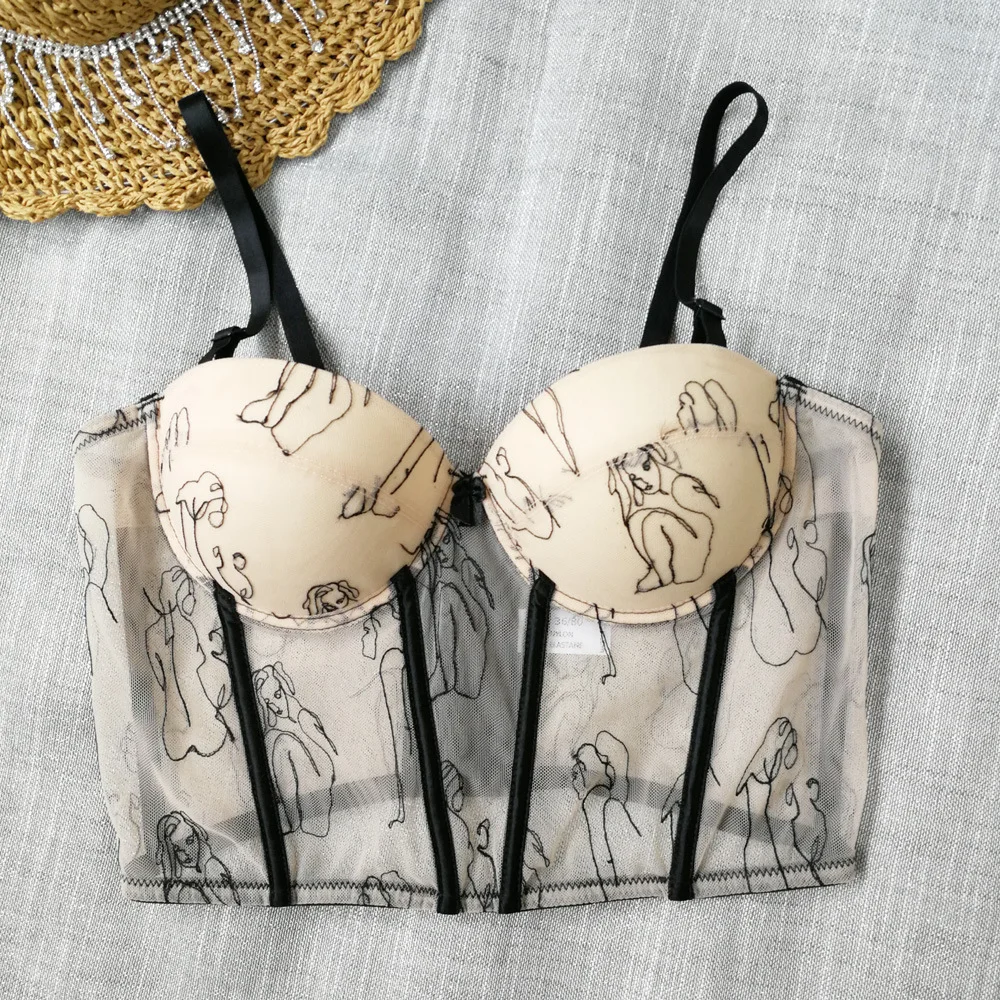 

Sexy Mesh Print Women Corset Stylish Wear Top Push up Bustiers Lace Bra Lady Camis Overbust Cropped Tops Club Party Lingerie