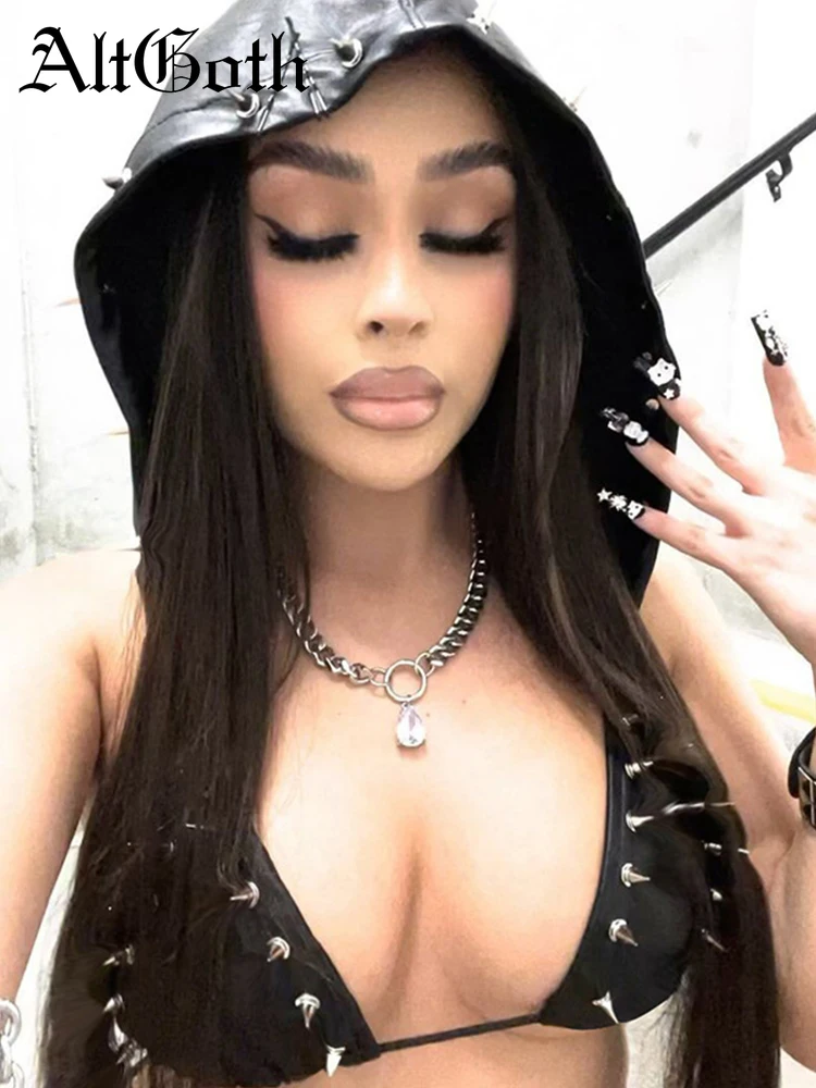 

AltGoth Gothic Dark Cyber Hooded Camis Women Harajuku Streetwear Pu Leather Rivets Backless Crop Tank Top Hip Hop Grunge Clothes