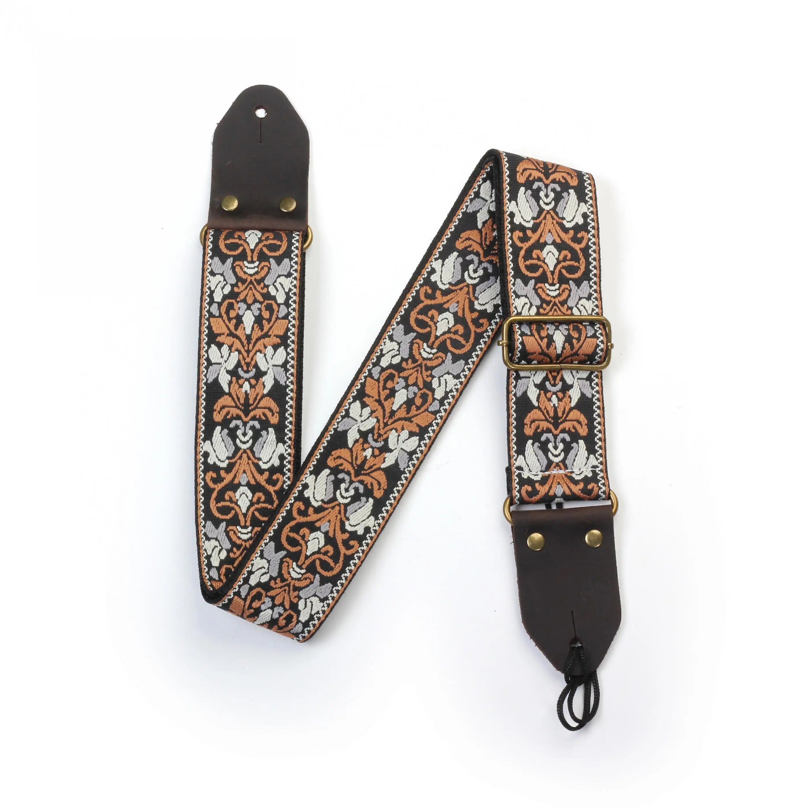 Vintage Flowers Crazy Horse Kopfgitarrengurt aus echtem Leder mit Schwanznagel und Plektrum, Streifen Stoffe Gitarrenbassgurt – Detail 8