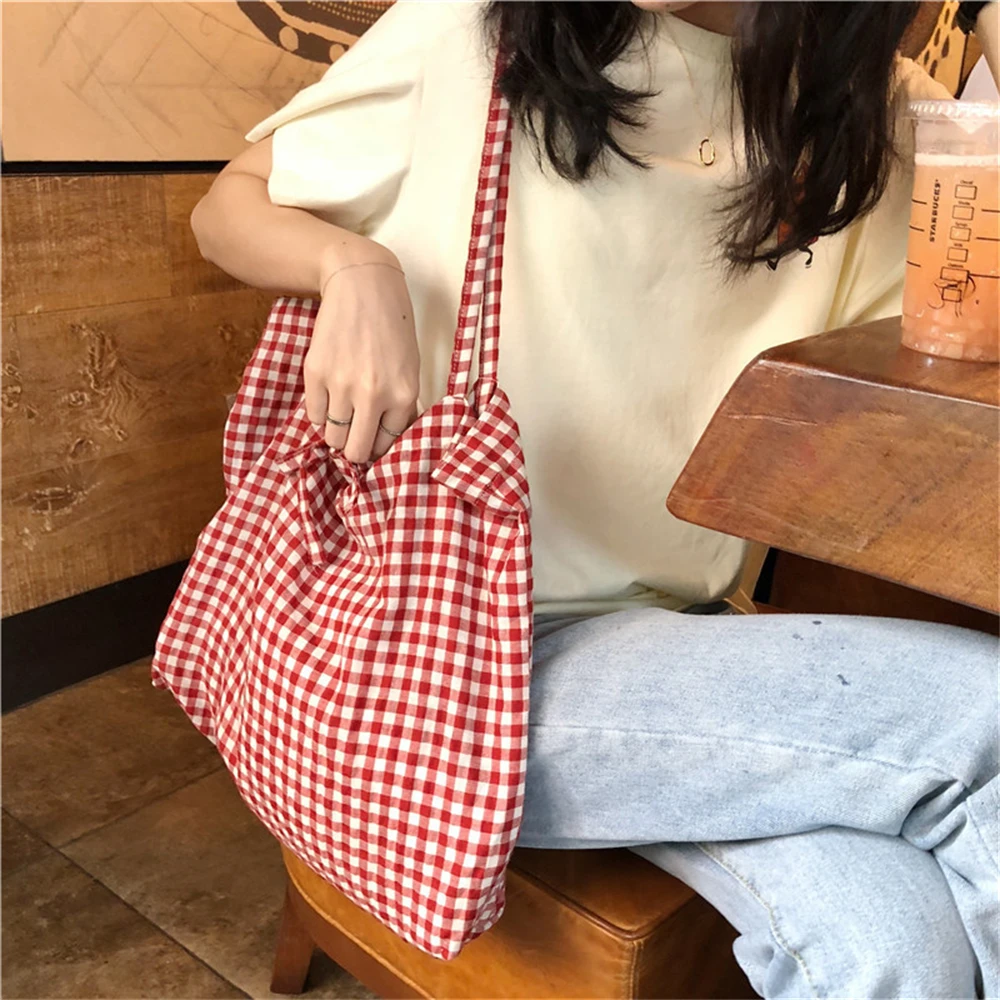 

Summer Plaid Shoulder Bag Korean Retro Tie Cloth Canvas Tote Bag Women's Casual Cotton Shoulder Bag High-Capacity Crossbody Bag