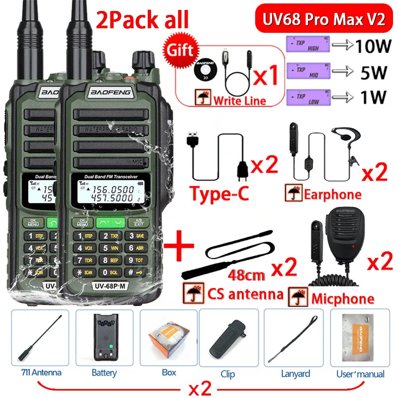 2Pcs Baofeng UV68 ProMAX V2 10W 711 Antenna IP68 Waterproof Walkie Talkie Type-C Charger Radio Upgrade Of UV9R 5R Pro 10R 16Plus 2