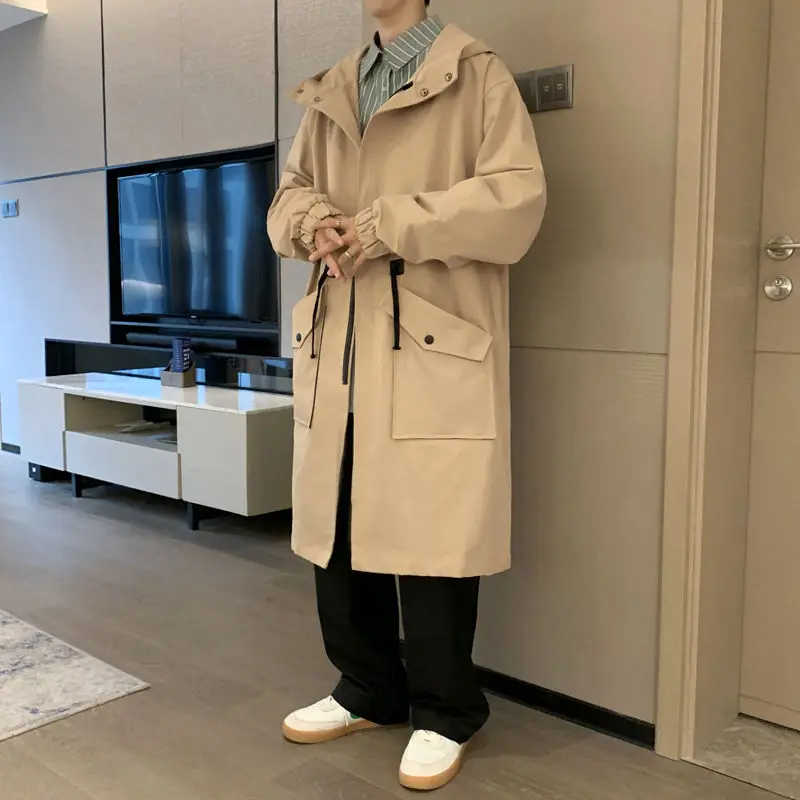 Spring Autumn Solid Color Hooded Long Sleeve Fashion Windbreaker Man High Street Casual Loose Button Cardigan All-match Tops