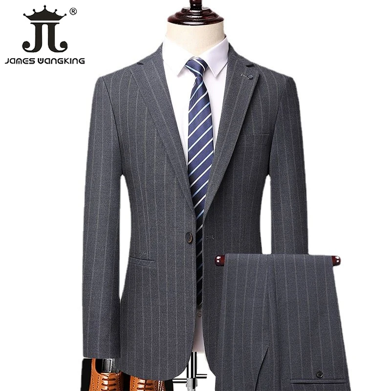 Men's Business Casual Wedding Groom Party Twopiece Blazer Trousers Slim Suit Male Solid Color Plaid Stripes Suit Jacket Pants