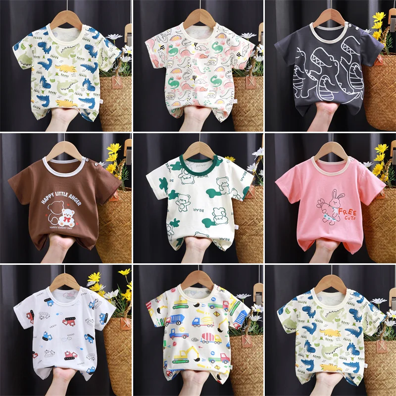 2026 Summer 100% Cotton Boy T-shirt with Dinosaur Bear Rabbit Pattern for Kids Girls Korean Style, Cute Newborn Baby Tops