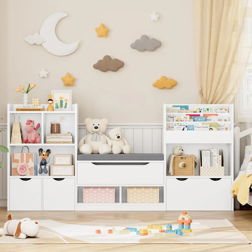 72” Kids Bookshelf with Reading Nook, Super Large Toy Storage Organizer with Seat Cushion and 3 Movable Drawers 3