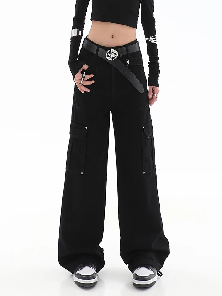 

Women's Baggy Gothic Black Cargo Jeans Streetwear 90s Y2k Fashion Vintage Denim Trouser Korean High Waist Wide Leg Cowboy Pants