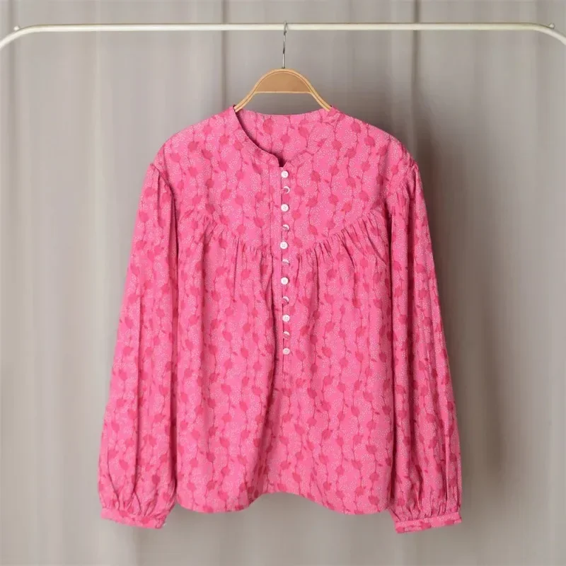 2024 New Spring Women Floral Print Shirt Vintage Single Breasted Long Lantern Sleeve Ladies O-neck Fashion Blouses Tops Jacket