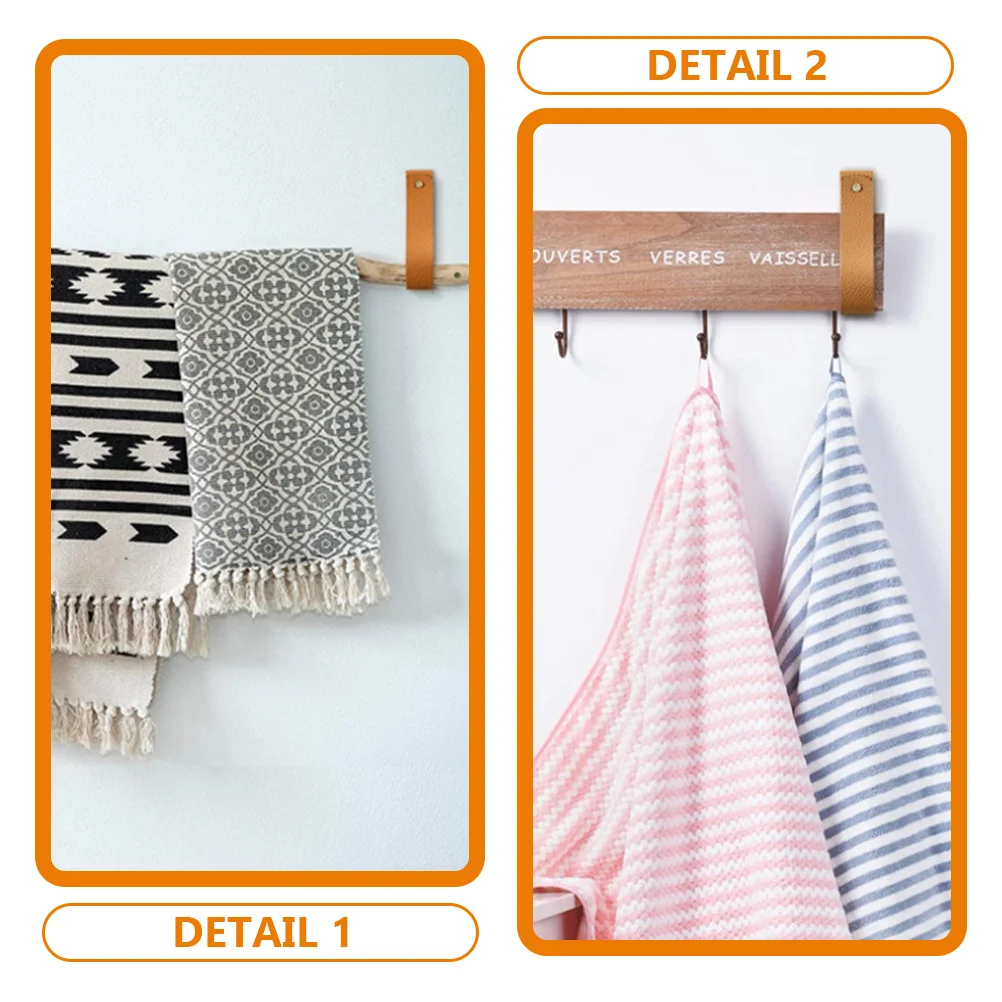 2-Pack PU Leather Wall Hooks 1x4.7" - Brown Leather Strap Hangers For Towels & Decor