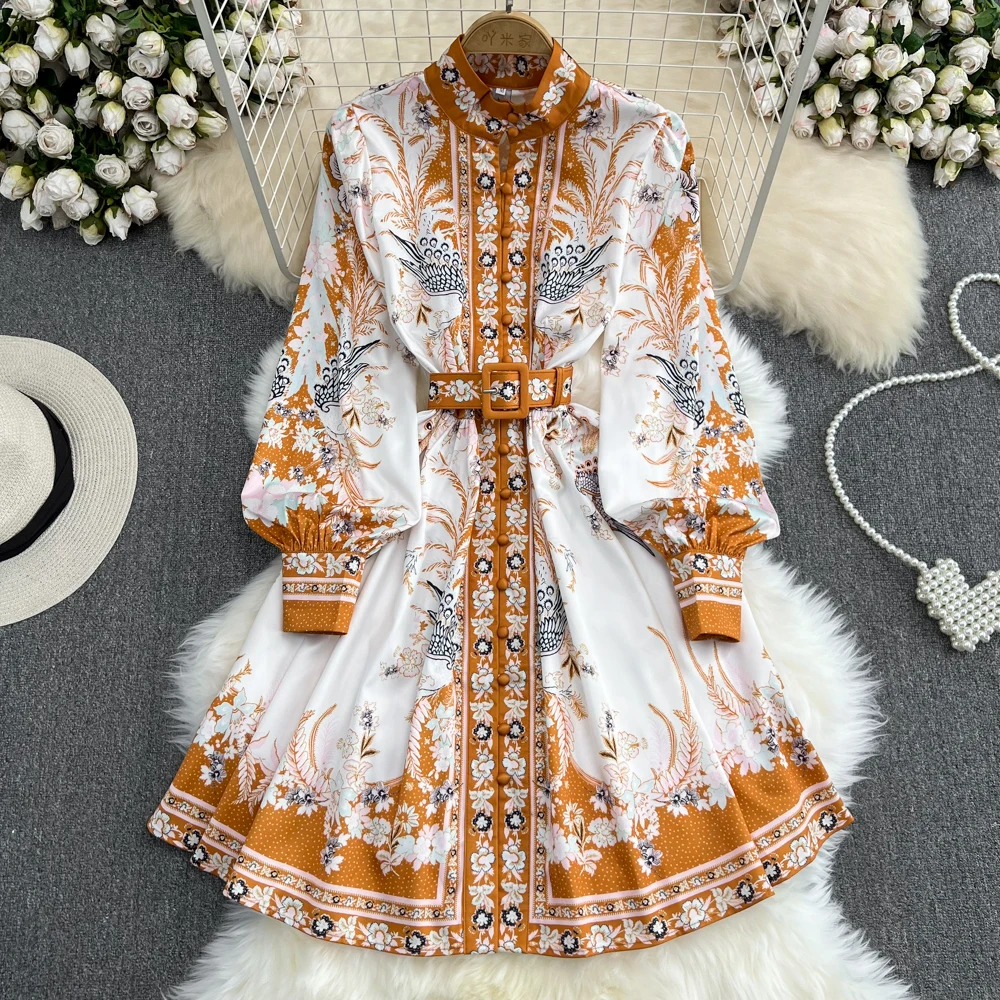 

Runway Women Single Breasted Mini Dress Lantern Long Sleeves Sashes Boho Vintage Dress Fashion OL Floral Print Lace Robe A6839