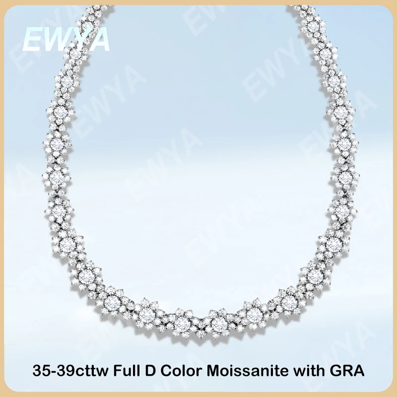 EWYA Moissanite Girassol Tênis Colar para Mulheres, Todos Diamante Cadeia Pescoço, D Cor Gradiente, S925 Prata, Luxo, 35-39ctw