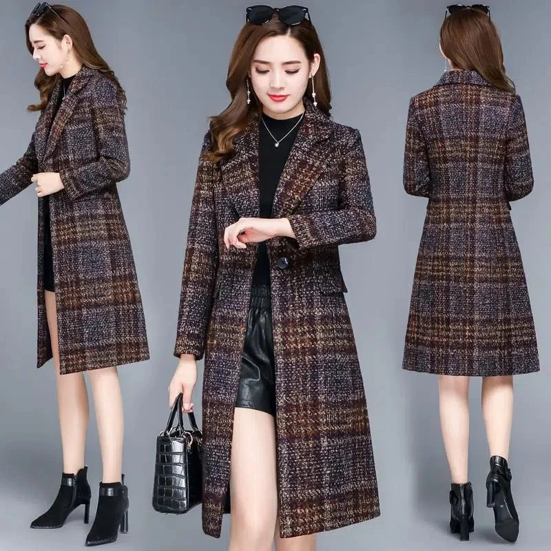 

Women's Cotton Plaid Woolen Coat, Medium Length, Slim, Western Style, Thickened Jacket, Top, Promotion, Autumn, Winter, New,2023