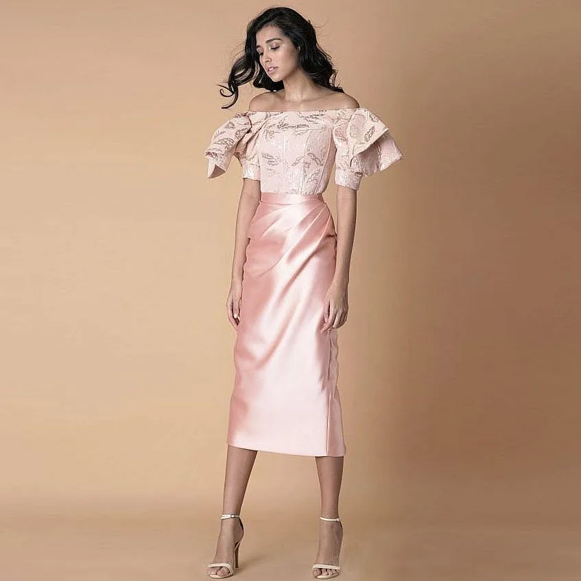 

Blush Pink Satin Skirt Tea Length High Waist Women Formal Mermaid Birthday Skirts For Photo Shoots Only Sell SKirt no top