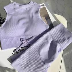 SVEIC Fitness Yoga Sets Shorts Sports Bra Women Drawstring Ribbed Seamless Tracksuit Sportswear Top Workout Gym Outfits Clothing