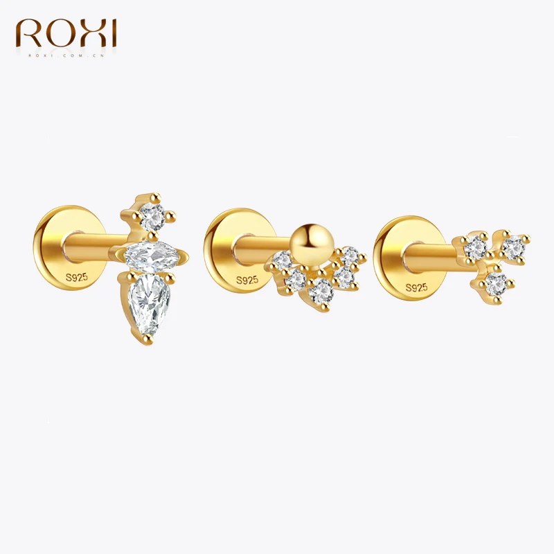 

ROXI 925 Sterling Silver 18K gold plate 1PC Simple Design Geometric Zircon Piercing Earrings For Women Daily Party Jewelry Gift