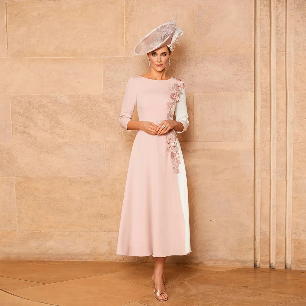 

OTHRAY Pink Mother Of The Bride Dresses Boat Neck Appliques Half Sleeve A-Line Tea Length ankle-length Gown