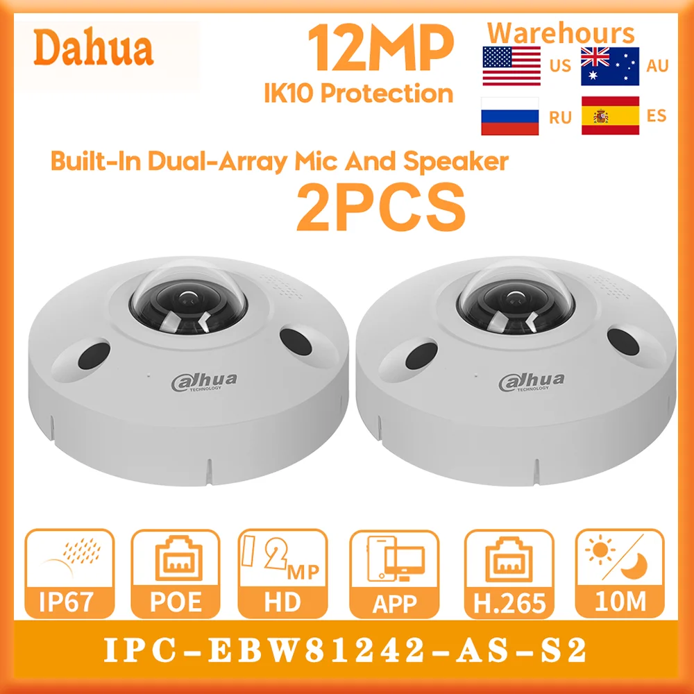 Dahua 오리지널 IPC-EBW81242-AS-S2 어안 카메라, 내장 마이크 및 스피커 교체, IR10M, IP67, IK10, WizMind, 12MP, 2 개