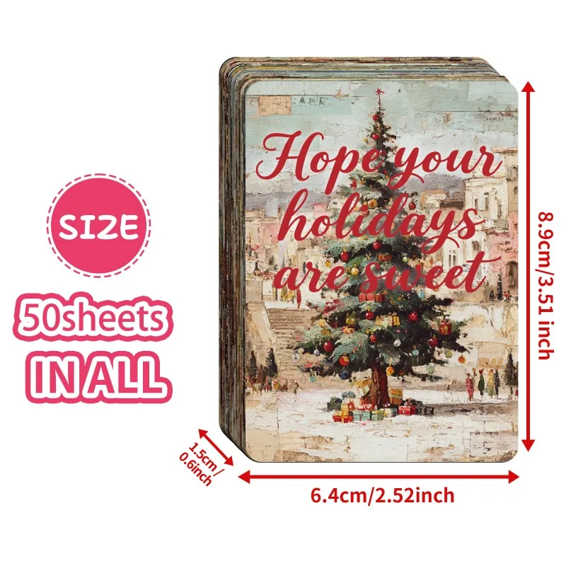 50-PCS Vintage Style Illustrated Christmas Cards with Typography Design, Creative Art Greeting Cards for Holiday Wishes