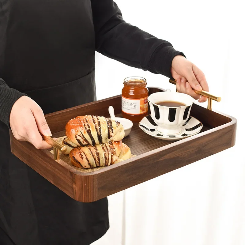 

Black Walnut Rectangular Wooden Home Solid Wood Breakfast Tray for Food Dried Fruit Plate Metal Storage Tray with Handle