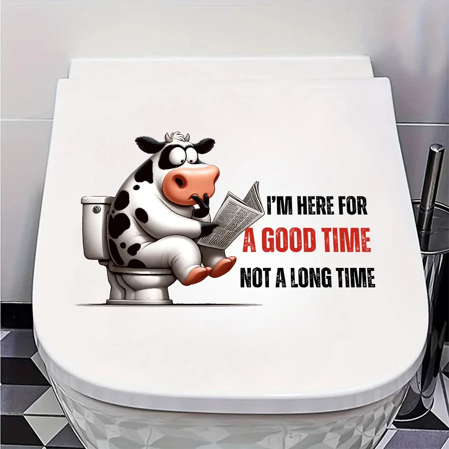 Funny Cow Reading Newspaper on Toilet Quotes Toilet Sticker Seat Tank Bathroom Wall Glass Sticker Decoration