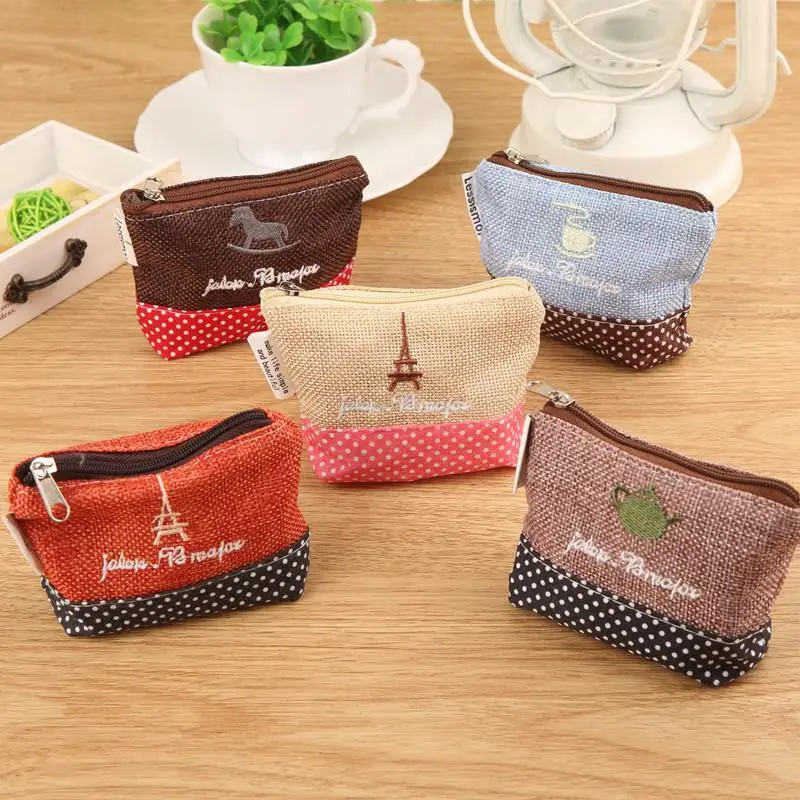 2pcs Rural Style Coin Bag Cotton Creative Canvas Coin Purse Key Case
