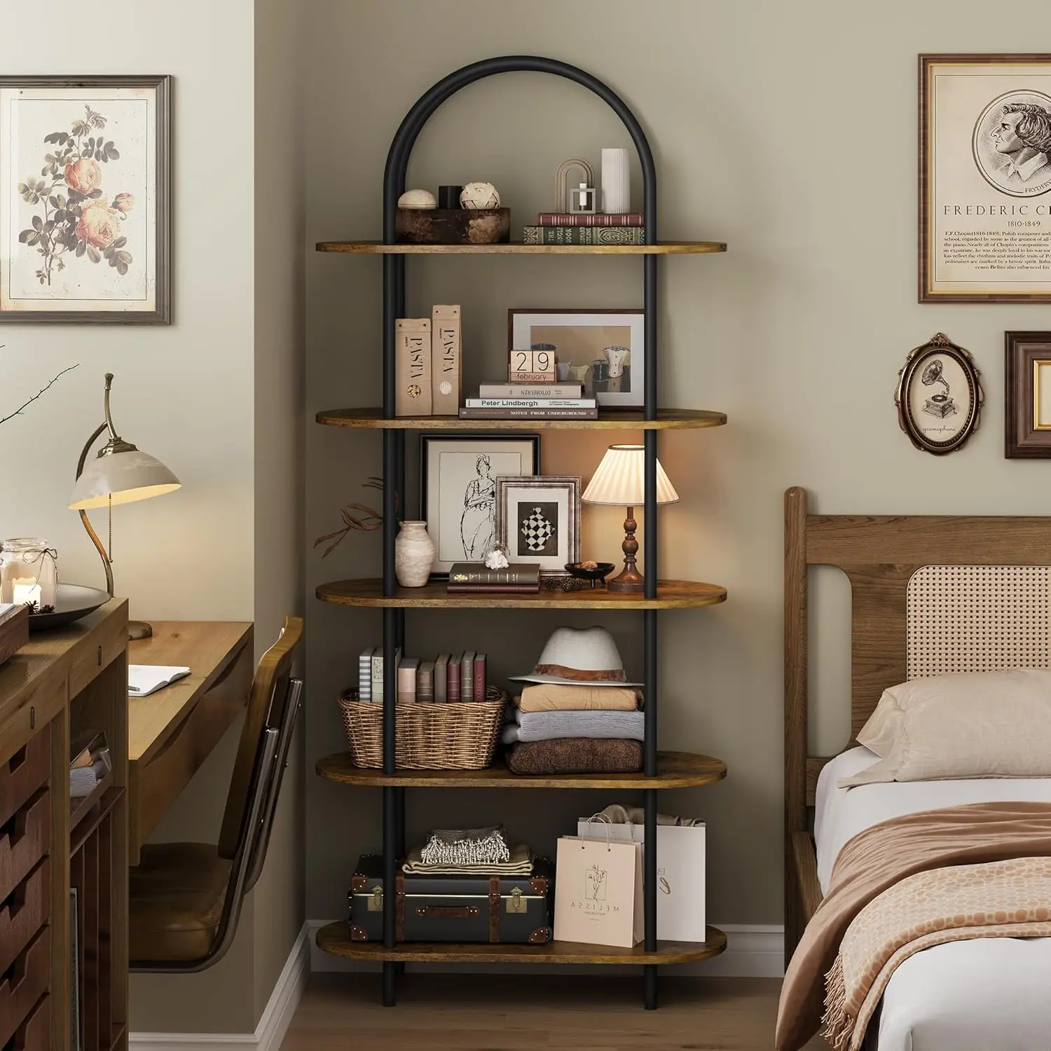 5-stufiges gewölbtes Bücherregal, 180 cm hohes industrielles offenes Bücherregal, Bücherregal aus Holz mit Metallrahmen für Schlafzimmer, Wohnzimmer, Heimbüro – Detail 15
