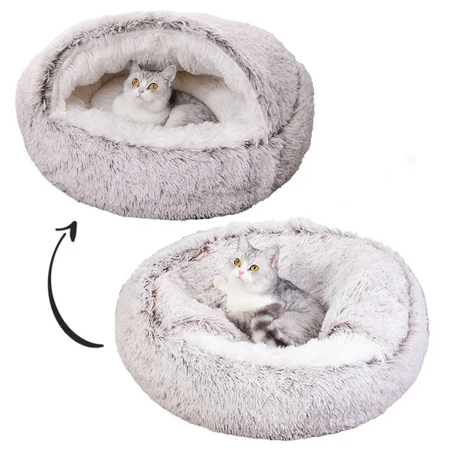 Snooze Cat Bed Round Plush Fluffy Hooded Cozy Cat Bed Cave for Indoor Donut Self Warming Small Dog Bed Anti-anxiety for Winter 2