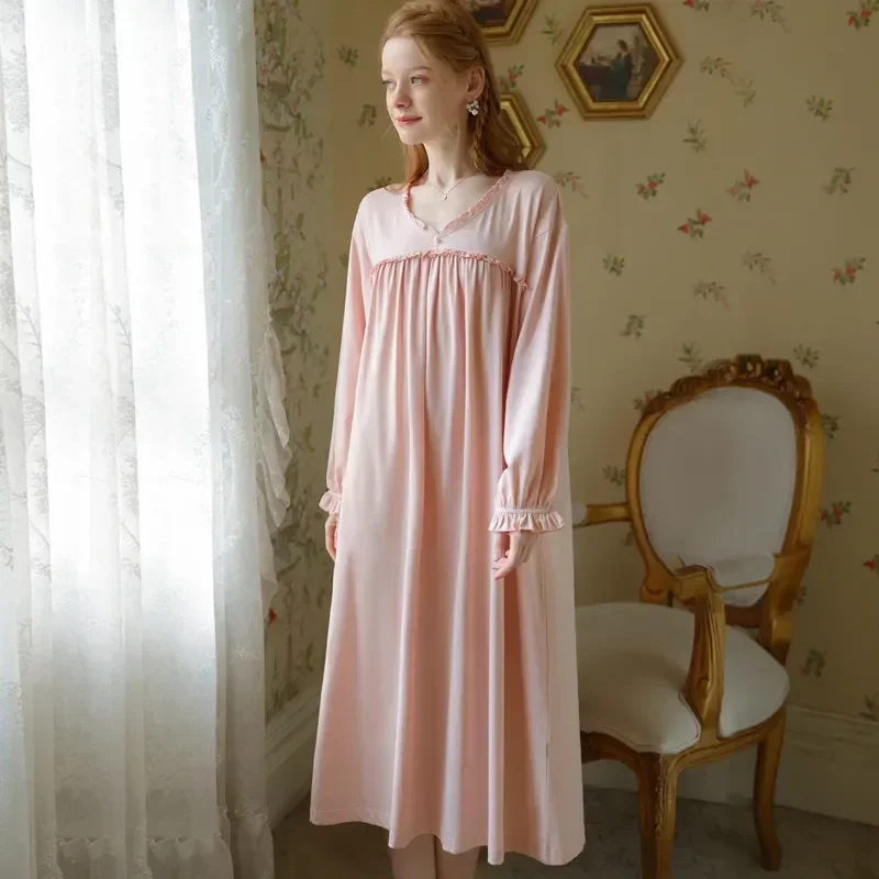 

Nightdress Robe Nightgown Sweet Cotton Loose Dress Princess Long Sleepwear Nightwear Sleeve Night Vintage Ruffles Peignoir Women