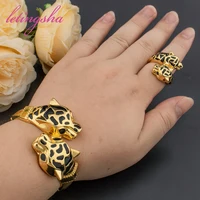 Gold Plated Leopard Bangles For Banquet Party Fashion Adjustable Ring 2pcs Jewelry Sets For Women Dubai Jewelry Accessories 2