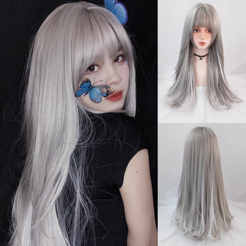 VICWIG Synthetic Wig Lady Long Gray Highlighting Straight Wig With Bangs For Women Heat-resistant Rose Net newest women advanced french black big bow hairpin female bangs clip fashion girls hair accessories lady head hair clip