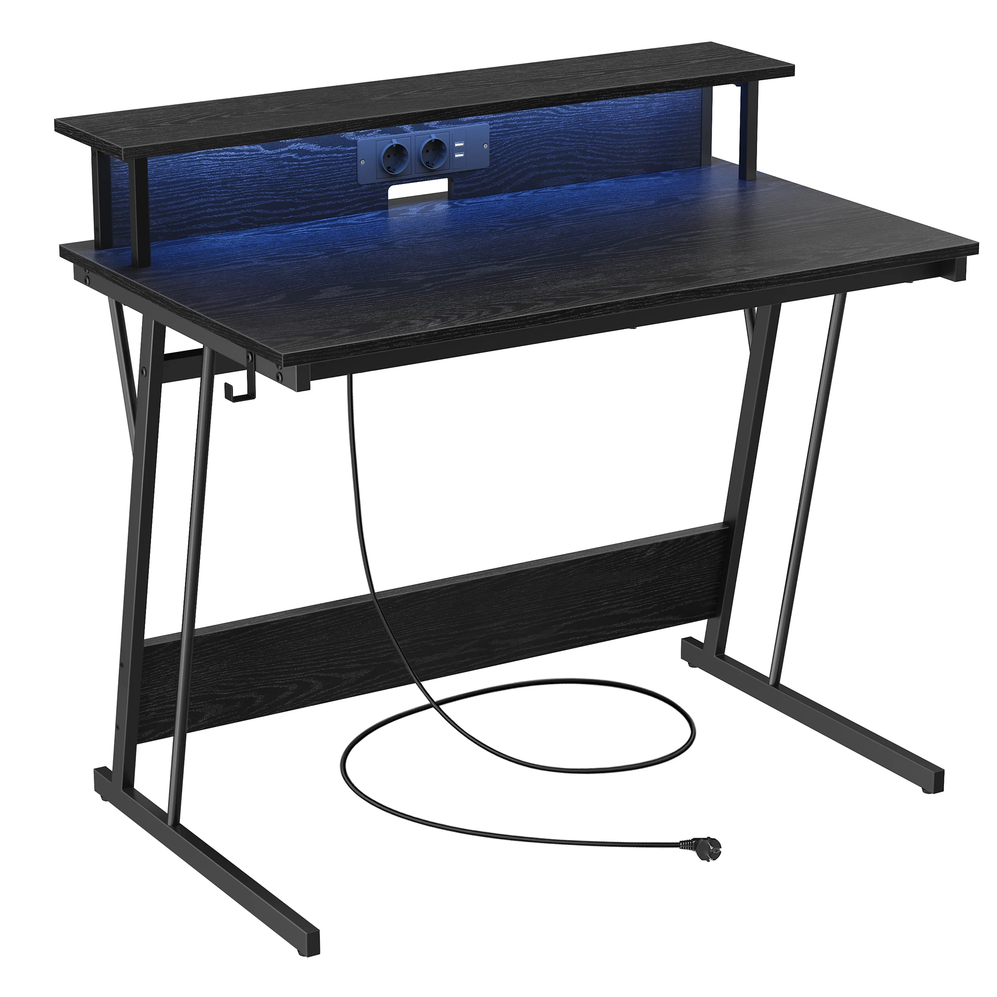 Bureau Gaming avec LED et Multiprise,avec Rehausseur d’Écran, pour 2 Ordinateurs, 100 x 60 x 76 cm, Noir Boisé