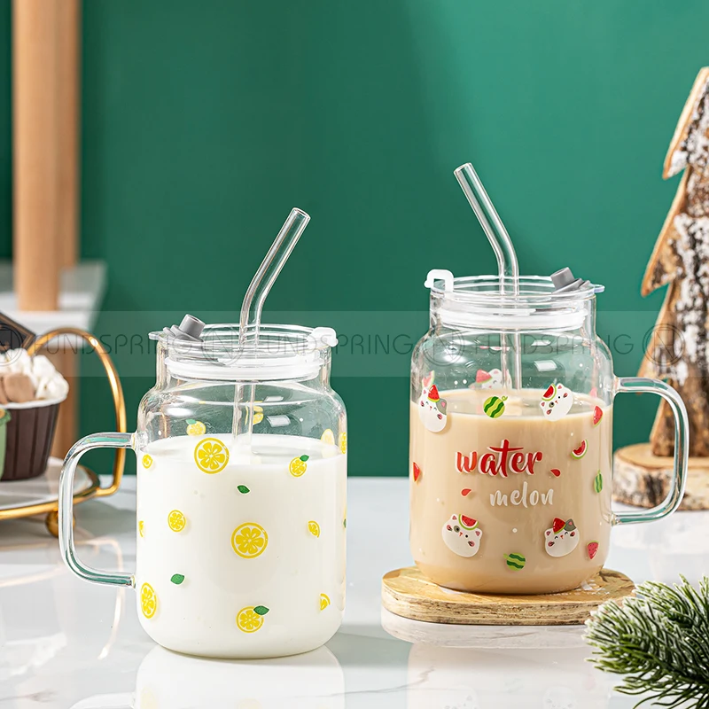 

Transparent Creative Cartoon Glass Cups Animal Fruit Glass Fresh Lovely Mugs Cup with Lid and Straw Drinking Glass Tea Cup