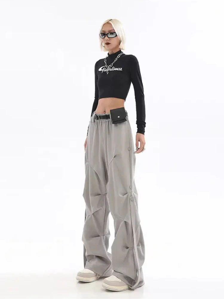 QWEEK Y2K Pleated Grey Cargo Pants Women Streetwear Korean Oversize Wide Leg Baggy Pants Hip Hop Jogger Trousers Elastic Waist