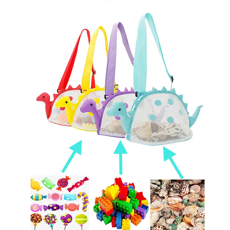 Fashion Colorful Mesh Beach Bag Sea for Kids Dinosaur Sea Shell Bag Beach Toys Storage Bag Adjustable Small Mesh Bag with Zipper 3