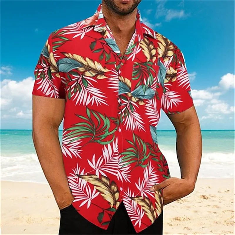 Men's summer breathable plant print shirt Hawaiian seaside comfortable short sleeved shirt Men's fashionable printed lapel shirt images - 6