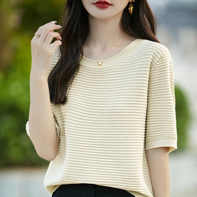 

Женский трикотажный топ с коротким рукавом, однотонный Свободный Топ из вискозы с круглым вырезом и полосками, лето 24