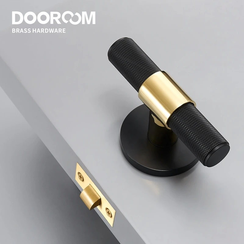 

Dooroom Brass Door Lever Set Modern Knurled T-bar Interior Bedroom Bathroom Double Wood Door Lock Set Dummy Knob Hidden Door