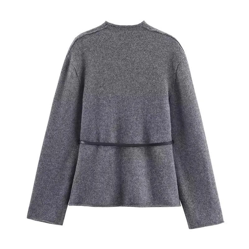 Women's Belted Jacket V-neck Long-Sleeved Loose Hem Cardigan Coat Autumn Winter Woolen Warm New Casual Chic Outerwear