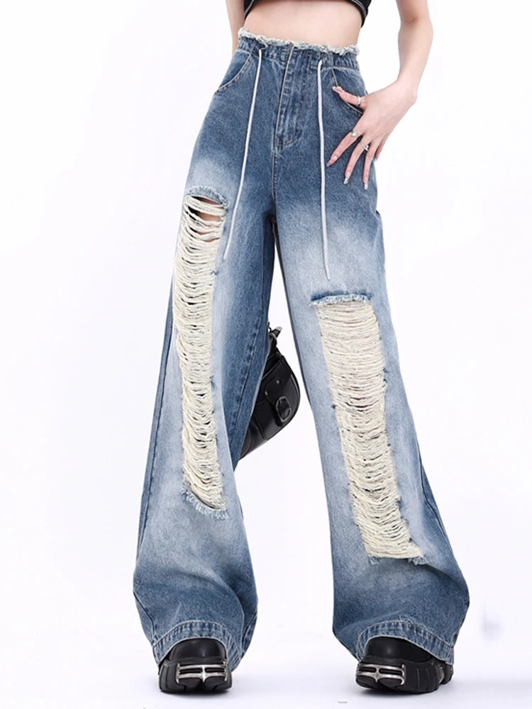 2023 Holes Ripped Straight Pants Women Jeans High Waist Loose Wide Leg Trousers Ladies Jeans Y2K Summer High Street Cargo Pants