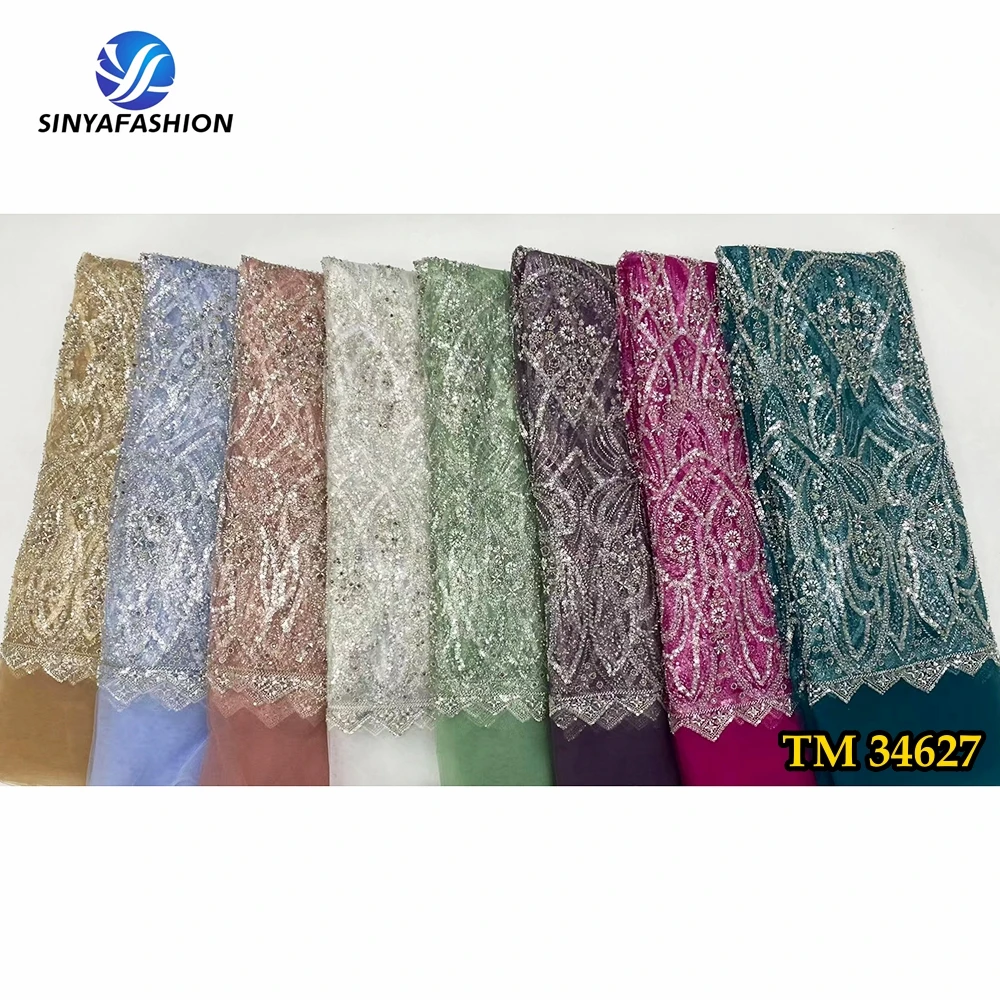 

Sinya Luxurious Nigerian African Heavy Diamond Beaded Lace Fabric 2024 High Quality Sequins French Mesh Tulle Lace For Dress
