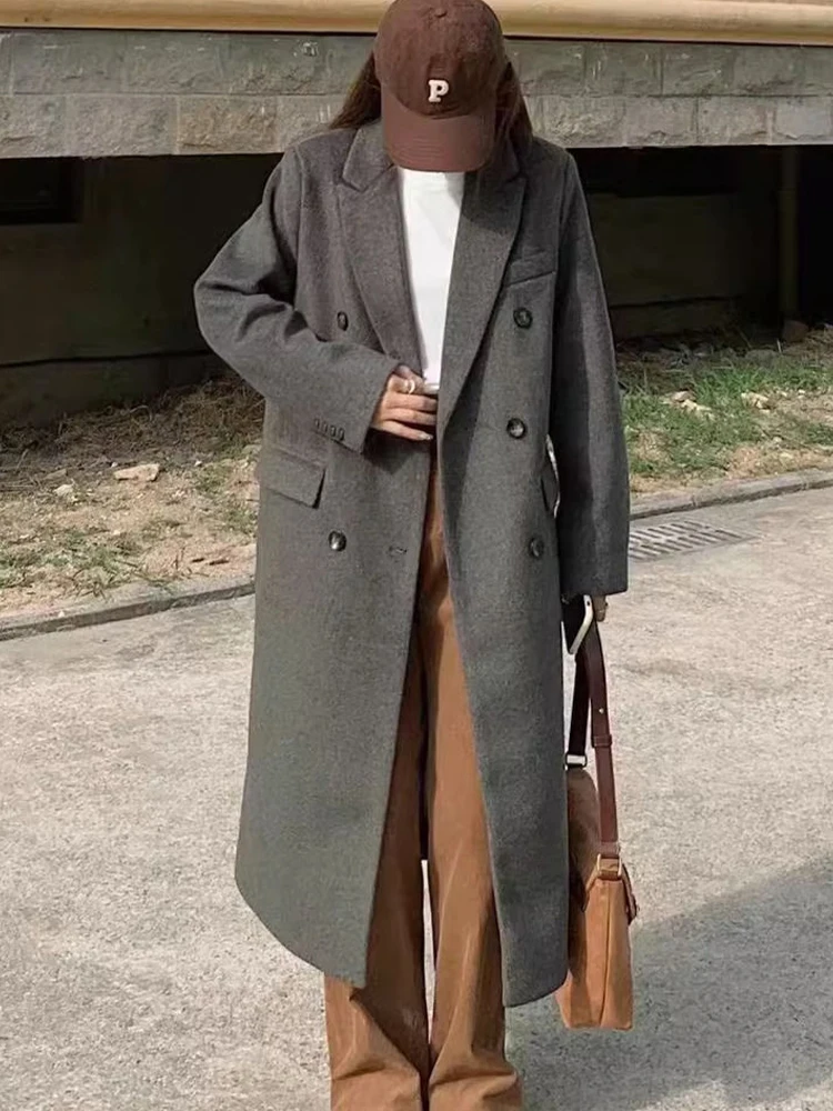 

Long Woolen Coat Women Autumn Winter Thick Overcoat Female Elegant Chic Wool Blend Coats Lady Vintage Single Breasted Outerwear
