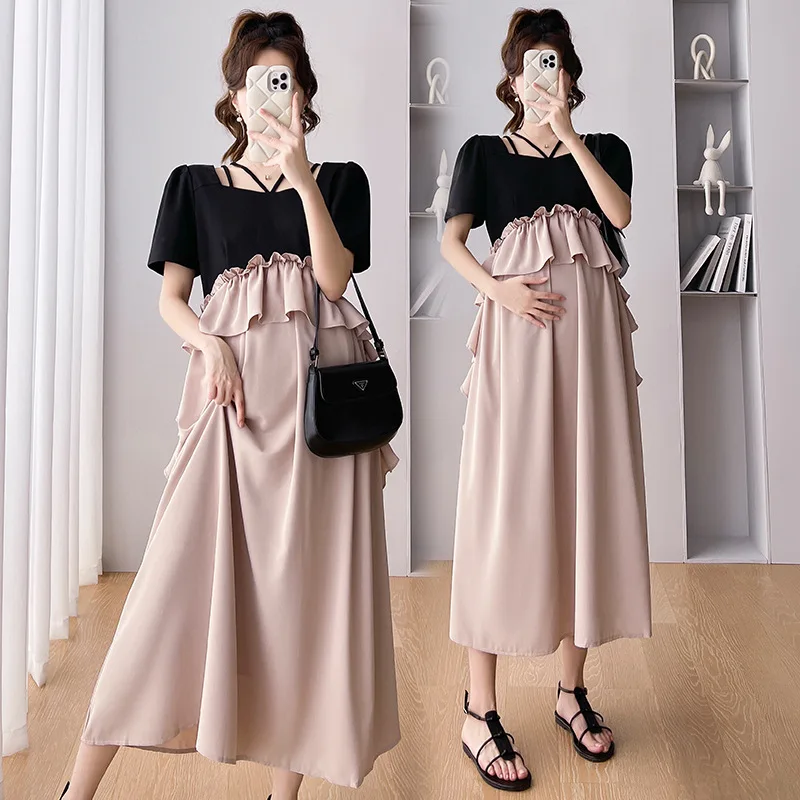 

Summer Maternity Long Dress Square Collar Short Sleeve Patchwork Chiffon Clothes for Pregnant Women Ruffles Pregnancy Dresses