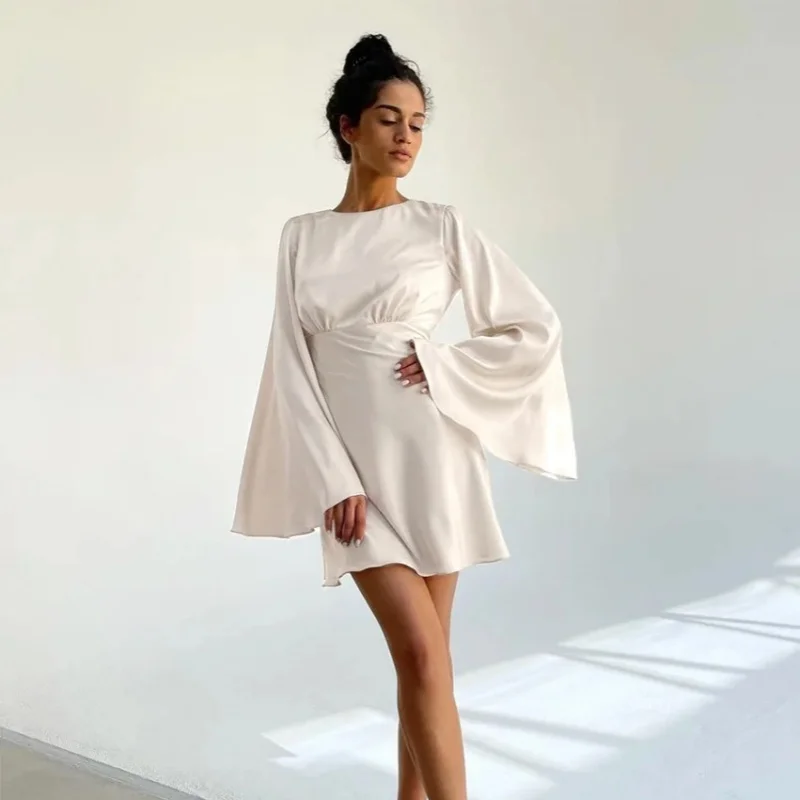 

Solid Bodycon Mermaid Dress Women Elegant 2024 Flare Sleeve Chic O Neck Vintage Satin Dress Female Long Sleeve Evening Dresses