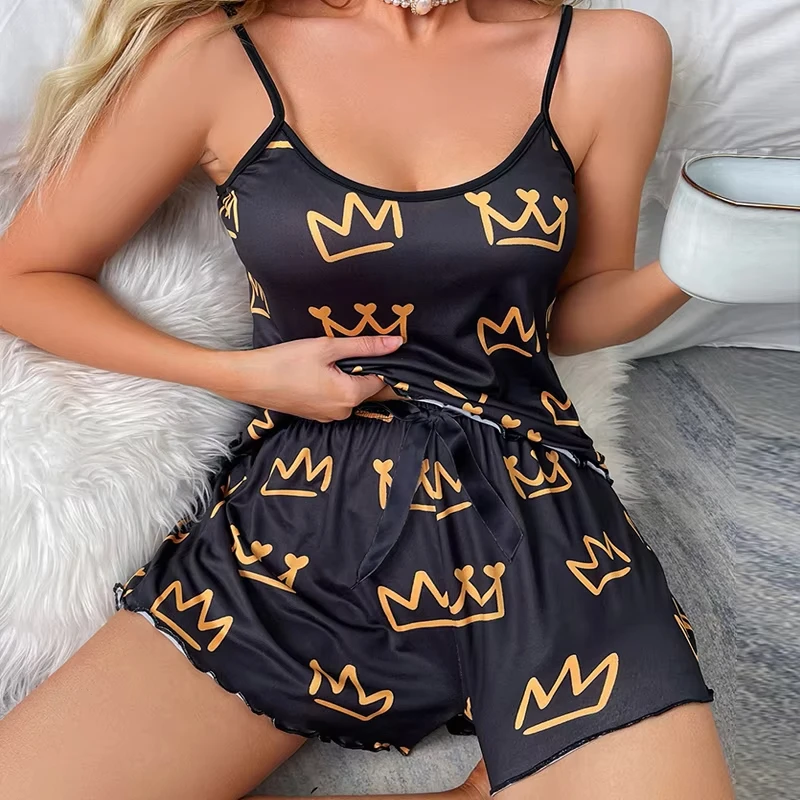 Women Pajamas Set Y2K Cute Crown Cartoon Print Pajamas Top and Shorts Sleepwear 2Pcs Loungewear Sexy Pyjamas for Girls Summer