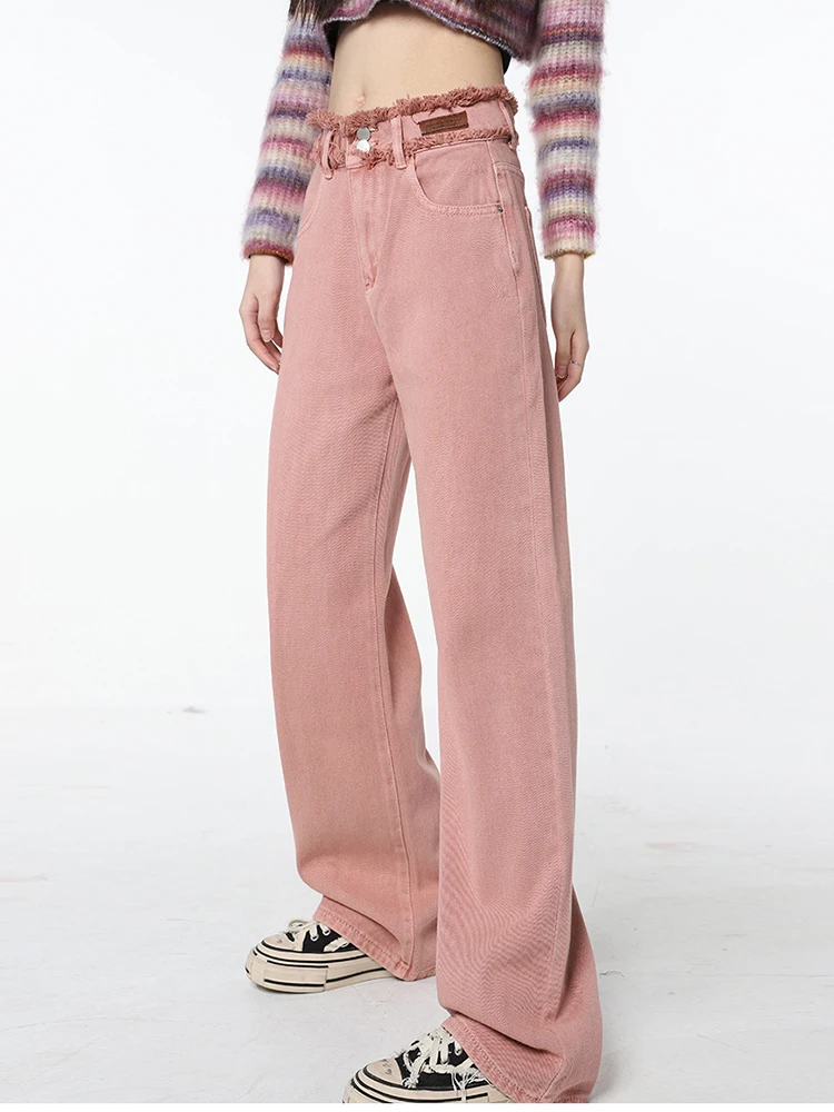 

Harajuku High Waist Streetwear Pink Burr Edge Jeans Pants Korean Fashion Women's Wide Leg Baggy Y2K Denim Trouser Female Clothes