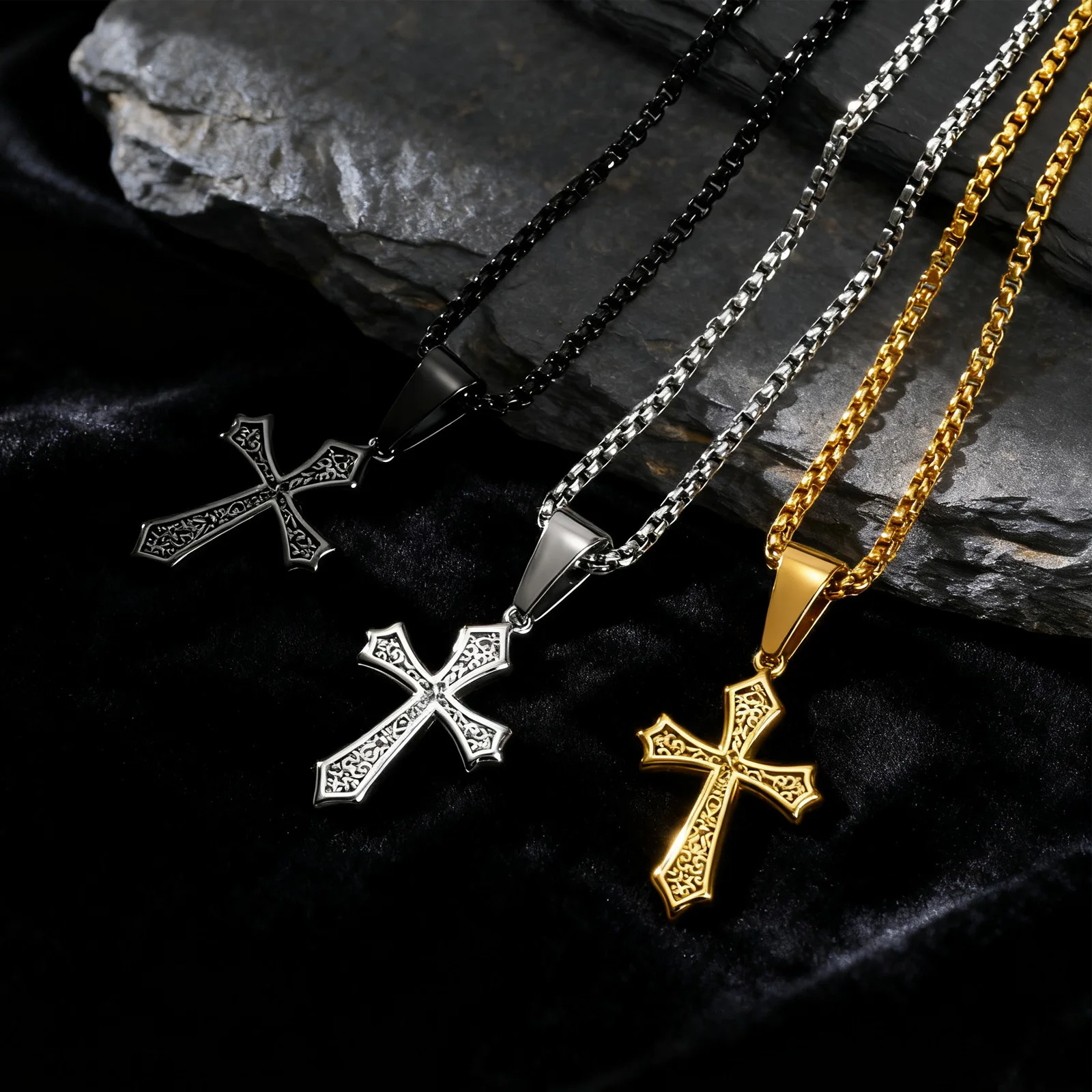 Hip Hop Cross Necklace For Men Women,50/55/60cm Stainless Steel Chic Cross Pendant,Christian Classic Jewelry Gifts_voghion.com