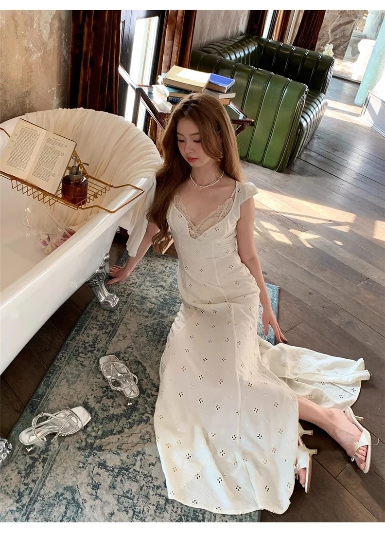 New Summer Hollow Out Midi Dress Women V-neck Vocation French Style White Dress Elegant Casual Korean Fashion Slim Vestidos 2025