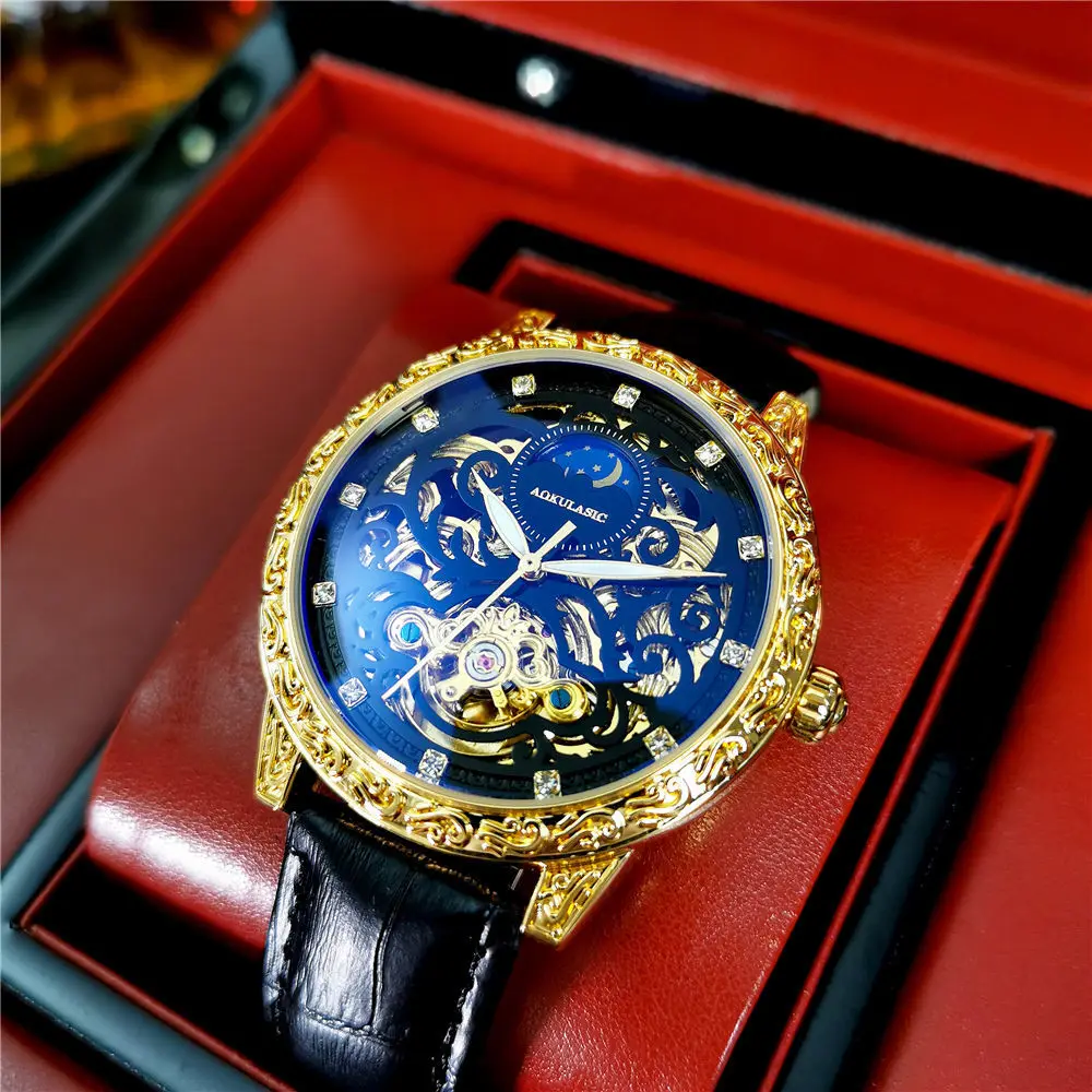 

Reloj Hombre Aokulasic Men Watch Automatic Self-wind Luxury Brand Mens Mechanical Watches Hollow Out Waterproof Retro Wristwatch