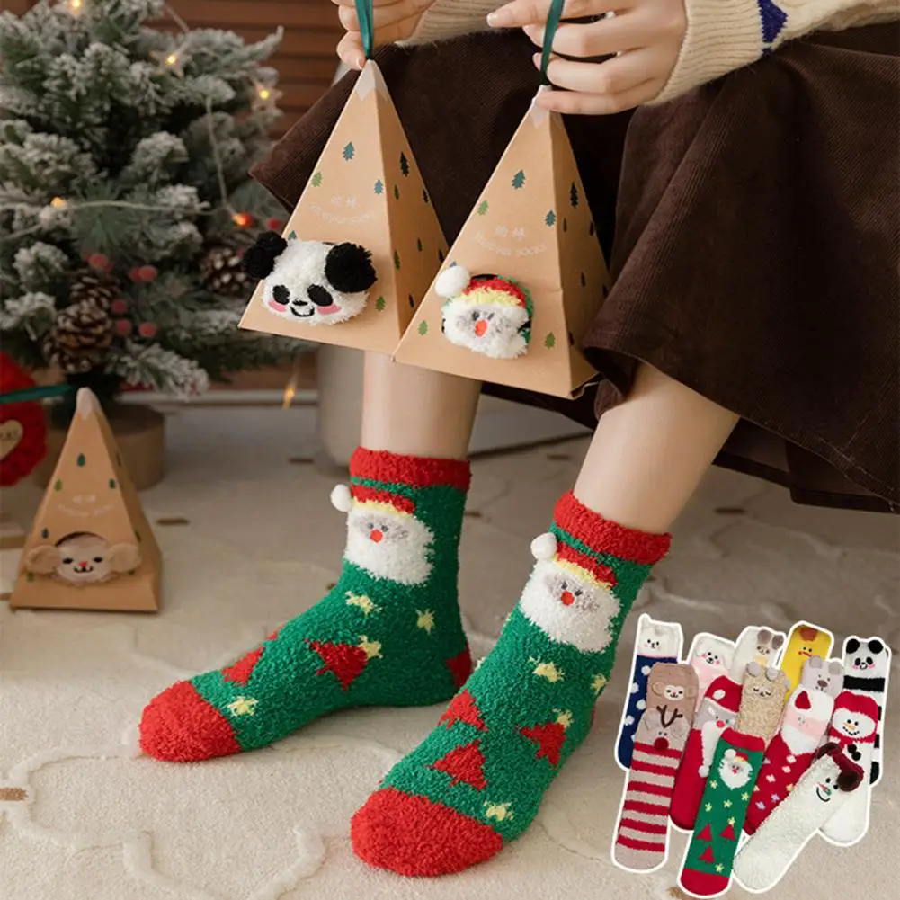 

Cozy Coral Velvet Christmas Socks Adorable Cartoon Design Unisex Socks Soft Breathable Thickened Festive Holiday Gift Socks