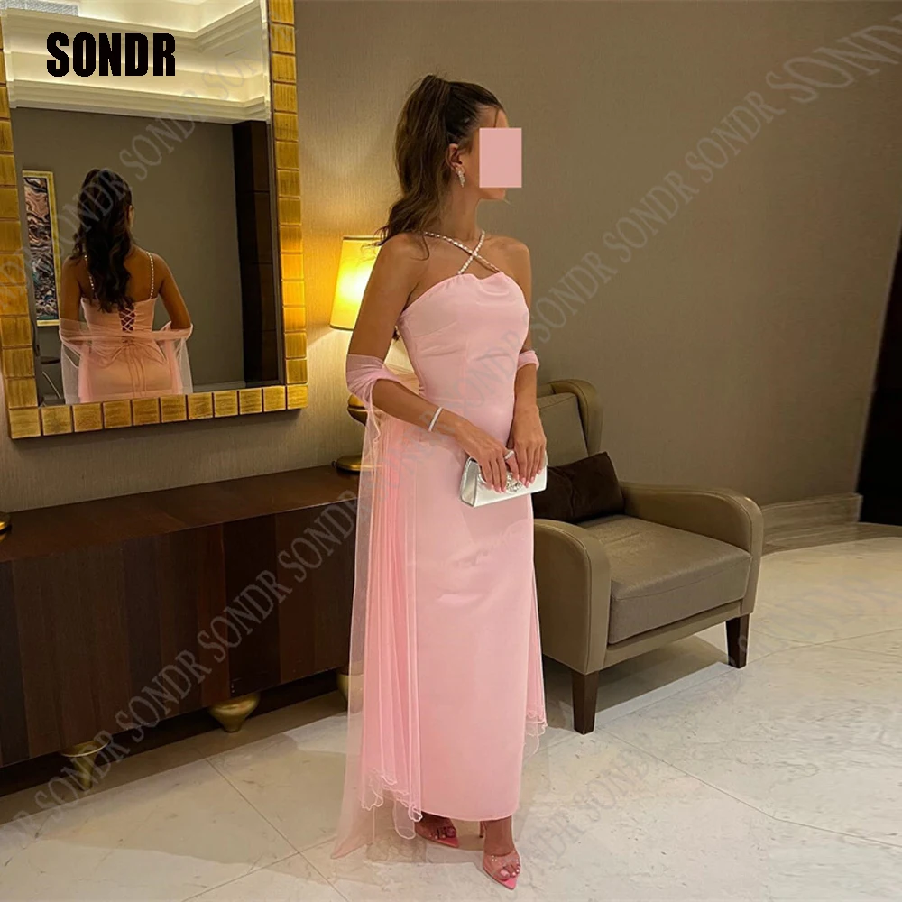 

SONDR Elegant Blush Pink Satin Evening Dresses Halter Ankle Length Prom Gowns Dubai Arabic Women Long Formal Dress Vestidos