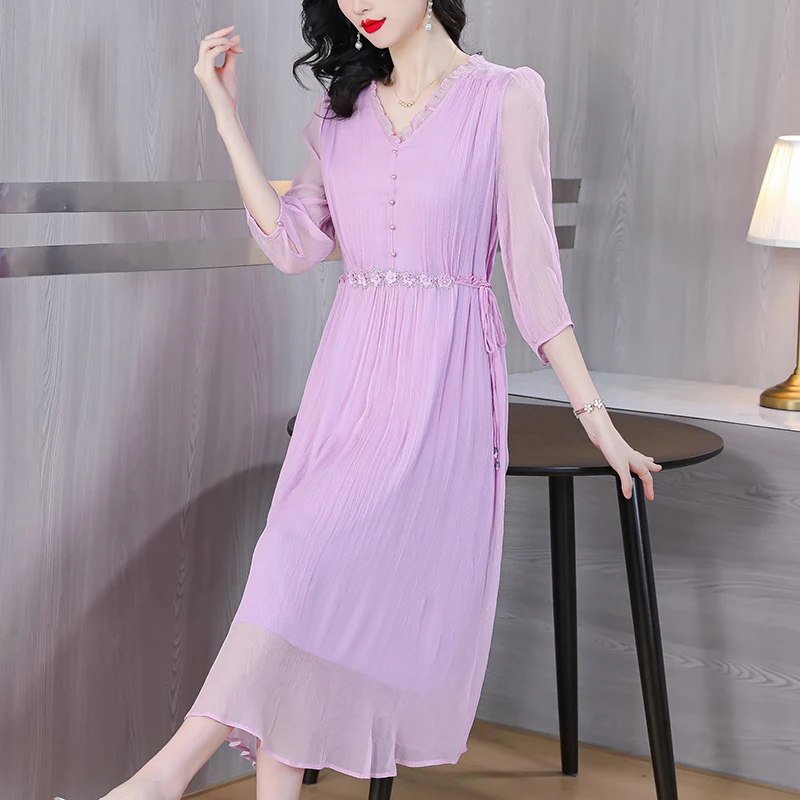 

2023 New Fashion Silk Printed Dress Women's Summer Versatile Mulberry Silk Fragmented Flower Loose Fit Beach Style Dress Vestido